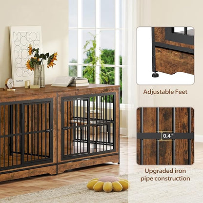Rovibek 78 Double Dog Crate Furniture for 2 Large Dogs Indoor, Wooden Furniture Dog Crates with Dog Bowl, Dog Kennel Furniture TV Stand Large Breed Brown