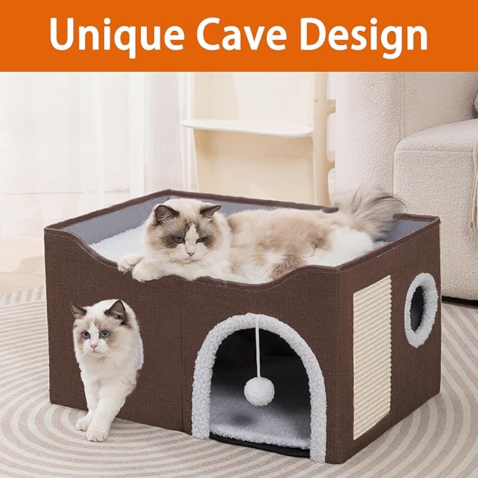 Cat Houses for Indoor Cats - Large Cat Bed Cave with Scratch Pad and Fluffy Ball, Foldable Cat Condo Hideaway with Reversible Cushion for Multi Small Petï¼_rown