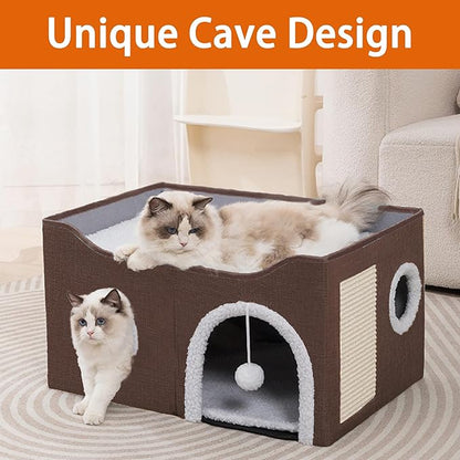 Cat Houses for Indoor Cats - Large Cat Bed Cave with Scratch Pad and Fluffy Ball, Foldable Cat Condo Hideaway with Reversible Cushion for Multi Small Petï¼_rown