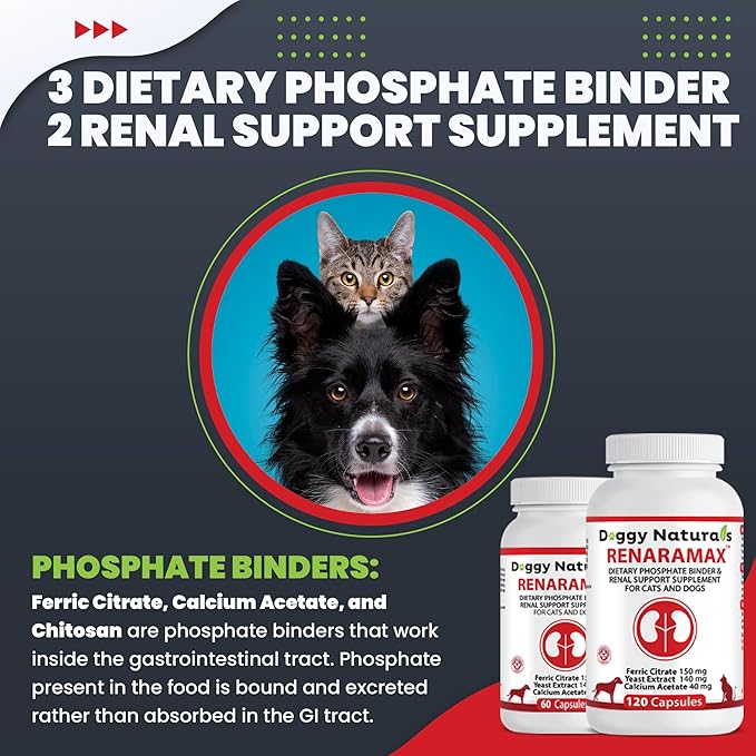 RENARAMAX Dietary Phosphate Binder and Renal Support Supplement for Cats and Dogs Count (Made in U.S.A) (120 Caps)