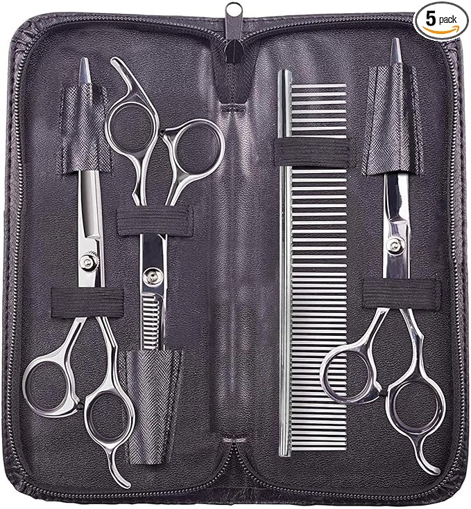 Dog Grooming Scissors,Pet Grooming Scissors with Thinning,Straight,Curved Down Shears great for Groomers,Home Grooming and Groomer Beginners (Scissors Kit with Tapered Tips)