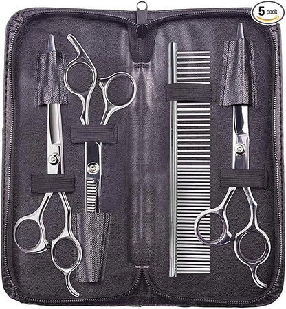 Dog Grooming Scissors,Pet Grooming Scissors with Thinning,Straight,Curved Down Shears great for Groomers,Home Grooming and Groomer Beginners (Scissors Kit with Tapered Tips)