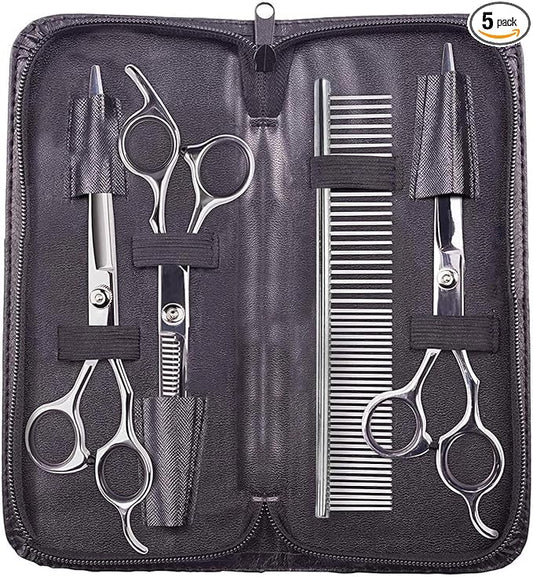 Dog Grooming Scissors,Pet Grooming Scissors with Thinning,Straight,Curved Down Shears great for Groomers,Home Grooming and Groomer Beginners (Scissors Kit with Tapered Tips)