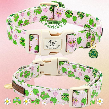 Elegant little tail St Patrick's Day Dog Collar-Cute Colver Cotton Shamrock Pet Collar Trefoil Pink Holiday Adjustable Cotton Pet Collar with Quick Release Buckle for Small Medium Large Dogs
