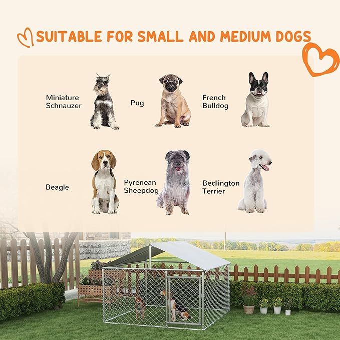 PawHut Large Dog Kennel Outside, Heavy Duty Dog Cage with Waterproof Cover, Outdoor Fence Dog Run with Galvanized Chain Link, Secure Lock, 6.6' x 6.6' x 4.9'
