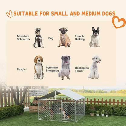 PawHut Large Dog Kennel Outside, Heavy Duty Dog Cage with Waterproof Cover, Outdoor Fence Dog Run with Galvanized Chain Link, Secure Lock, 6.6' x 6.6' x 4.9'