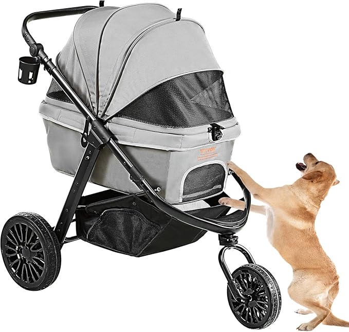 VEVOR Large Pet Stroller for Dogs Cats up to 75lbs, 3 Wheels Folding Cat Dog Stroller, Portable Pet Jogging Stroller with Storage Basket, Adjutable Handle Height and Zipperless Canopy