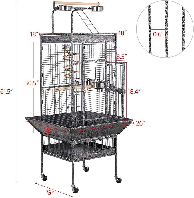 Yaheetech 61-inch Playtop Wrought Iron Large Parrot Bird Cages with Rolling Stand for Cockatiels Amazon Parrot Quaker Conure Parakeet Lovebird Finch Canary Small Medium Parrot Cage Birdcage, Black