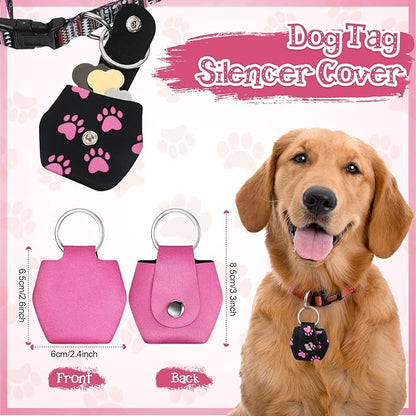 6 Pieces Dog Tag Holder Portable Pet ID Tag Soundless Dog Tag Silencer Bag Cover with Rings Quiet Dog Tag Bag Protector for Dogs Cats Pets (Paw Style)