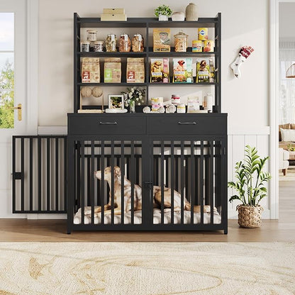 Keyluv 71''H x 47.2''W Large Dog Crate Furniture with 4-Tier Shelves and 2 Storage Drawers, Heavy Duty Dog Cage Furniture with 2 Doors, Wood & Metal Dog Kennel Indoor for Small/Medium/Large Dog, Black