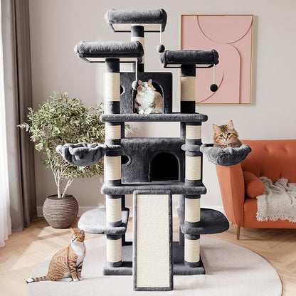 SHA CERLIN 68 Inches Multi-Level Large Cat Tree for Large Kitties/Big Cat Tower with Condo/Cozy Plush ‌Pussycat Perches/Sisal Scratching Posts and Hammocks/Activity Center/Dark Grey