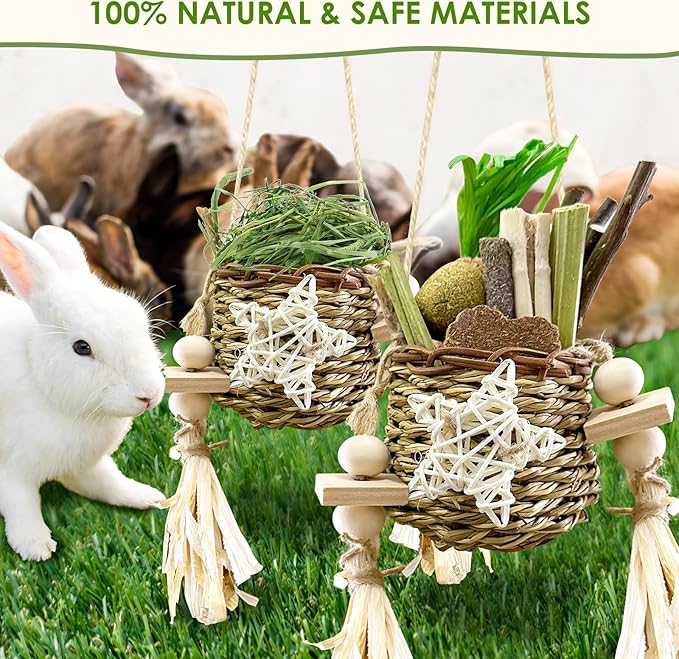 26Pcs Rabbit Toys for Bunny Boredom Basket for Small Pets, with 14Pcs Replacement Set Hanging Rodent Dental Toy with Papaya Stems Sweet Bamboo Hamsters, Chinchillas, Guinea Pigs
