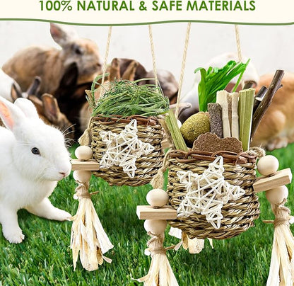 26Pcs Rabbit Toys for Bunny Boredom Basket for Small Pets, with 14Pcs Replacement Set Hanging Rodent Dental Toy with Papaya Stems Sweet Bamboo Hamsters, Chinchillas, Guinea Pigs