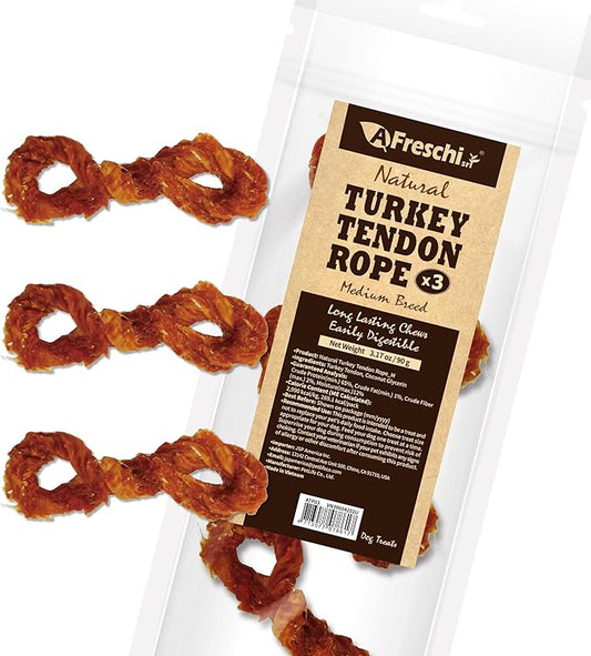 Afreschi Turkey Tendon for Dogs, Medium Rope 3.17 oz, USA-Sourced Turkey, All Natural Human Grade Dog Chew, Hypoallergenic, Rawhide Alternative, Dog Treats for Medium Breeds