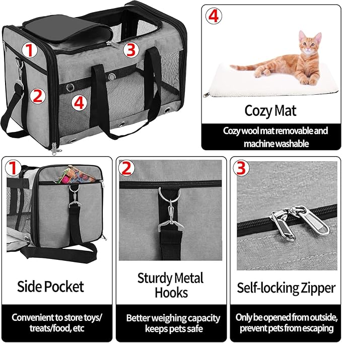 Soft Sided Cat/Dog Carrier，Collapsible Mesh Pets Travel Carriers for Pet/Puppy with Shoulder Strap & Removable Mat，Top Load Small Dogs/Cats Carry Bag Up to 25 Lbs（Grey - L）