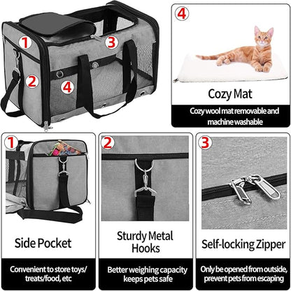 Soft Sided Cat/Dog Carrier，Collapsible Mesh Pets Travel Carriers for Pet/Puppy with Shoulder Strap & Removable Mat，Top Load Small Dogs/Cats Carry Bag Up to 25 Lbs（Grey - L）