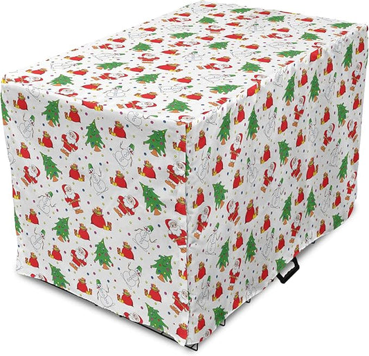 Ambesonne Christmas Dog Crate Cover, Xmas Santa Claus Tree on Colorful Polka Dot Backdrop Surprise Boxes Art, Easy to Use Pet Kennel Cover for Medium Large Dogs, 48 Inch, Green and Red