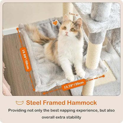 Ouritsu Cat Tree, 57 inch Cat Tower for Large Cat Indoor, 2 Top Perches with 1 Widened, 2 Condos with 1 Enlarged, Steel Frame Hammock, Scratching Posts and Scratching Pad, Light Gray, LF003GA