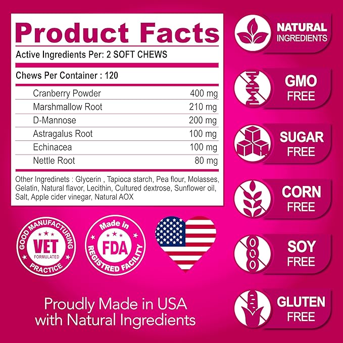 Dog UTI Treatment - Cranberry Supplement for Dogs UTI - Bladder Control - Urinary Tract Infection Treatment Medicine - Cranberry Supplement Vitamins Multivitamin Chews - Made in USA