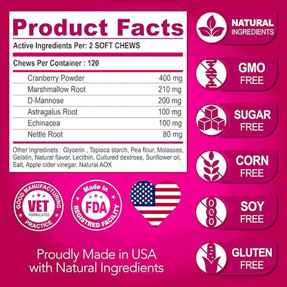 Dog UTI Treatment - Cranberry Supplement for Dogs UTI - Bladder Control - Urinary Tract Infection Treatment Medicine - Cranberry Supplement Vitamins Multivitamin Chews - Made in USA