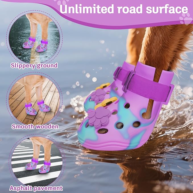 Dog Shoes for Hot Pavement, Adjustable Magic Tape Boots for Small, Medium & Large Dogs, Anti-Slip, Easy to Clean Paw Protectors for Beach, Outdoor & Hot Weather (Purple L)