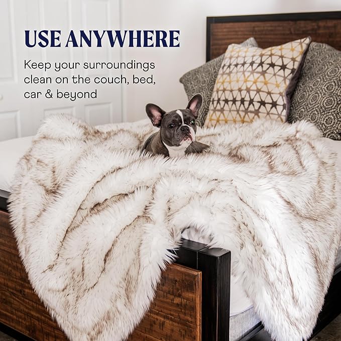 PupProtector Waterproof Throw Blanket for Dogs and Cats, Pet Blanket Cover for Couches, Sofas, Beds, Car Seats, Furniture, Calming Soft Faux Fur, White with Brown Accents, Original (60" L x 50" W)