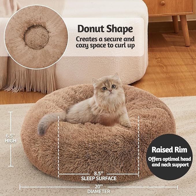 OhGeni Calming Donut Cat Bed For Indoor Cats, Machine Washable Plush Warming Bed For Kitten & Puppy, Anti-Slip Round Cuddle Comfort Pet Bed, Cozy Fluffy Fur Bed for Small Cats & Dogs, Ocher, 20 inches