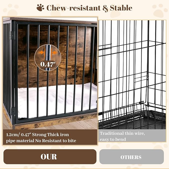 Dog Crate Furniture for Large Dogs, 36" Indoor Wooden Dog Kennel with 270° Swivel Door, 360° Rotating Feeder, Decorative Heavy Duty Dog House with Double Locks & Bowls, Rustic Brown