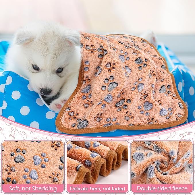 Tegeme 12 Pieces Pet Blanket Soft Fleece Dog Fluffy Doggie Warm Felt Throw Spring Paw Print Puppy Kitten Sleep Mat Bed Covers for Cat (23 x 16 Inch,Pink,Beige,Camel)
