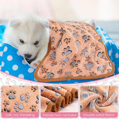Tegeme 12 Pieces Pet Blanket Soft Fleece Dog Fluffy Doggie Warm Felt Throw Spring Paw Print Puppy Kitten Sleep Mat Bed Covers for Cat (23 x 16 Inch,Pink,Beige,Camel)
