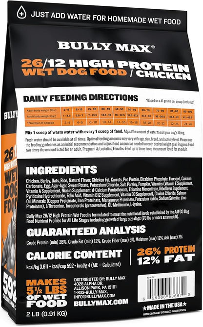 Bully Max Wet Dog Food - Instant Fresh Dehydrated High Protein Soft Puppy & Adult Dog Food with Chicken - Healthy Muscle Growth for Small & Large Breeds - 6 Dry Pounds (Makes 16.5 lbs. of Wet Food)