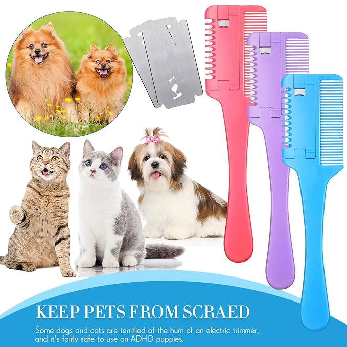 3 Pcs Pet Grooming Razor Comb with 50 Replacement Blades - Double Sided Hair Trimmer, Cutter and Scissors Tool for Dogs and Cats(Pink, Blue, Purple)