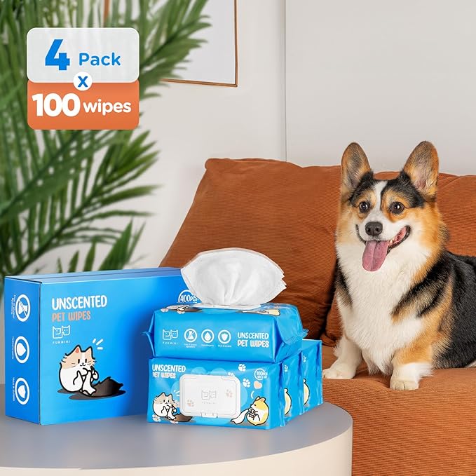 Unscented Pet Wipes (400pcs) - Hypoallergenic, Alcohol-Free & Soothing for Sensitive Skin - Head-to-Tail Cleaning for Dogs & Cats - Safe for Face, Coat, Paws & Butt