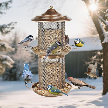 Bird Feeder for Outdoors, Double Layered Circular Tower Birdfeeder, Metal Bird Feeders with Cover Fixing Buckle for Outside Hanging, 4Lbs Capacity