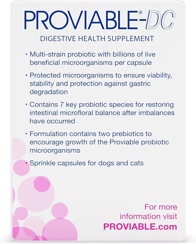 Nutramax Proviable Probiotics for Dogs and Cats, Daily Digestive Health Supplement with Multiple Strains of Bacteria, Cat and Dog Probiotics Plus Prebiotics, 30 Capsules