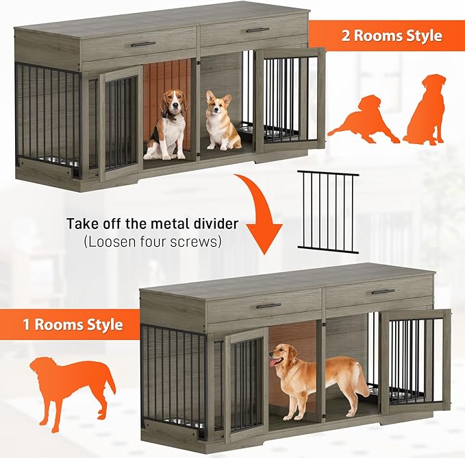 Rophefx 72" Dog Crate Furniture for 2 Dogs, Large Double Dog Kennel Indoor Furniture with 2 Storage Drawers and Removable Divider, Wooden Dog Cage with 4 Bowls, Dog House TV Stand for Medium Dog, Grey