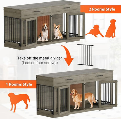 Rophefx 72" Dog Crate Furniture for 2 Dogs, Large Double Dog Kennel Indoor Furniture with 2 Storage Drawers and Removable Divider, Wooden Dog Cage with 4 Bowls, Dog House TV Stand for Medium Dog, Grey