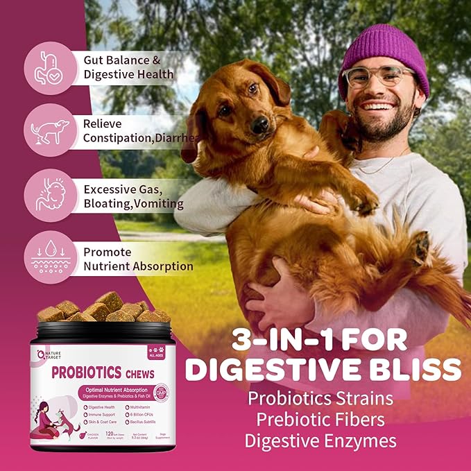 NATURE TARGET Probiotics for Dogs & Digestive Enzymes for Digestive Health - Plus Fish Oil & Vitamins Supplement for Allergies & Immune & Itchy Skin, 120 Chicken Flavor Probiotic Soft Chews