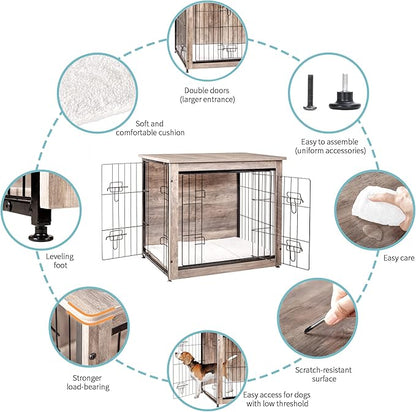 DWANTON Dog Crate Furniture with Cushion, Wooden Dog Crate with Double Doors, Dog Furniture, Dog Kennel Indoor for Small/Medium/Large Dogï¼_nd Table, Small, 27.2" L, Greige