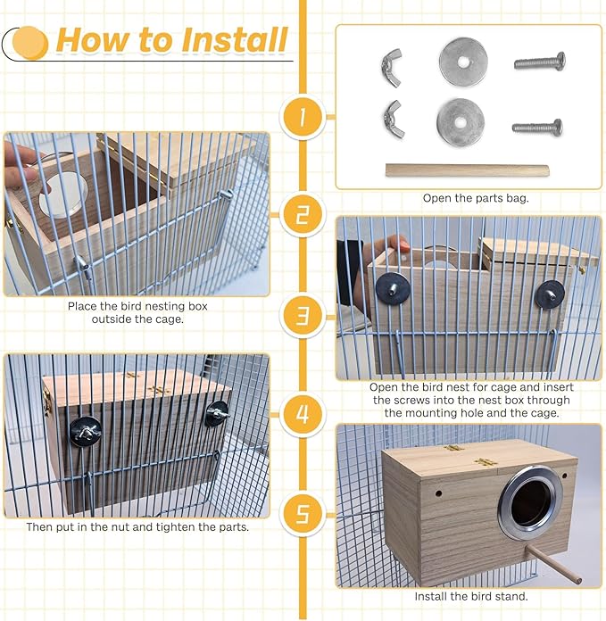 PINVNBY Parakeet Nesting Box Bird House for Cage Wood Mating Box Bird Breeding Box for Lovebirds, Cockatoo, Budgie, Finch, Canary Small and Medium Sized Birds (M:7.9 * 4.7 * 4.7 inch)