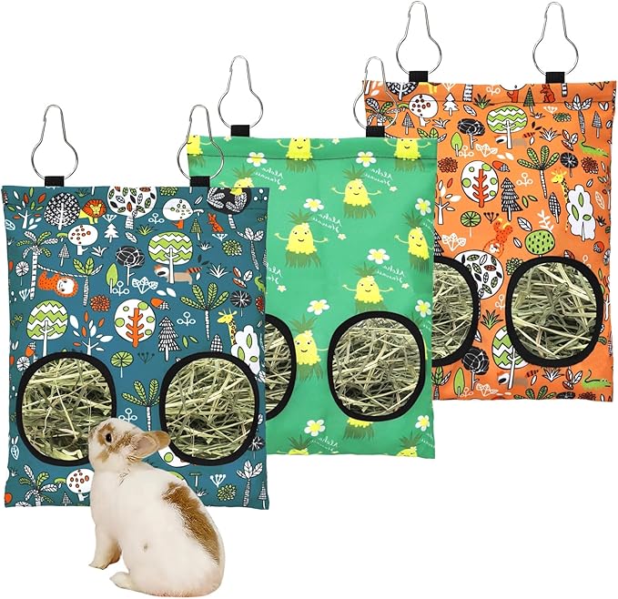 3 Pcs Rabbit Hay Feeder Bag, 2-Hole Hanging Hay Feeder Guinea Pig Hay Bags Washable Bunny Hay Bag for Rabbits Chinchillas Hamsters Small Pets and Animal (11.8"×8.7")