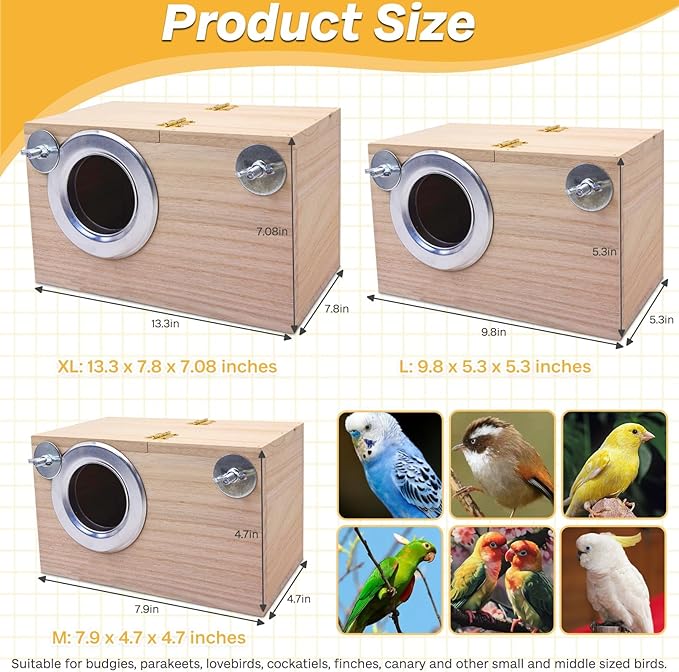 PINVNBY Parakeet Nesting Box Bird House for Cage Wood Mating Box Bird Breeding Box for Lovebirds, Cockatoo, Budgie, Finch, Canary Small and Medium Sized Birds (XL: 13.3 x 7.8 x 7.08 inch)