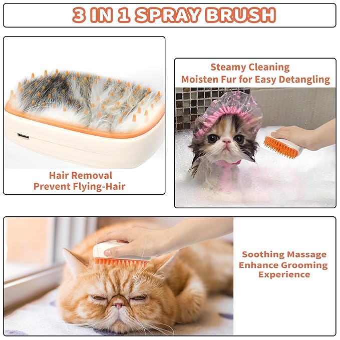 3 in 1 Steam Cat Hair Brush: Spray, Massage and Bath Cleaning for Dogs and Cats, Soft Silicone Brush for Hair Removal, Self-Cleaning Feature for Easy Use
