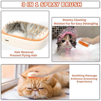 3 in 1 Steam Cat Hair Brush: Spray, Massage and Bath Cleaning for Dogs and Cats, Soft Silicone Brush for Hair Removal, Self-Cleaning Feature for Easy Use