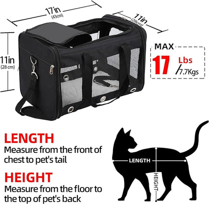Soft Sided Cat/Dog Carrier,Collapsible Pets Travel Carriers for Pet/Puppy with Shoulder Strap & Removable Mat,Mesh Top Load Small Dogs/Cats Carry Bag Up to 17 Lbs TSA Airline Approved（Black,M）