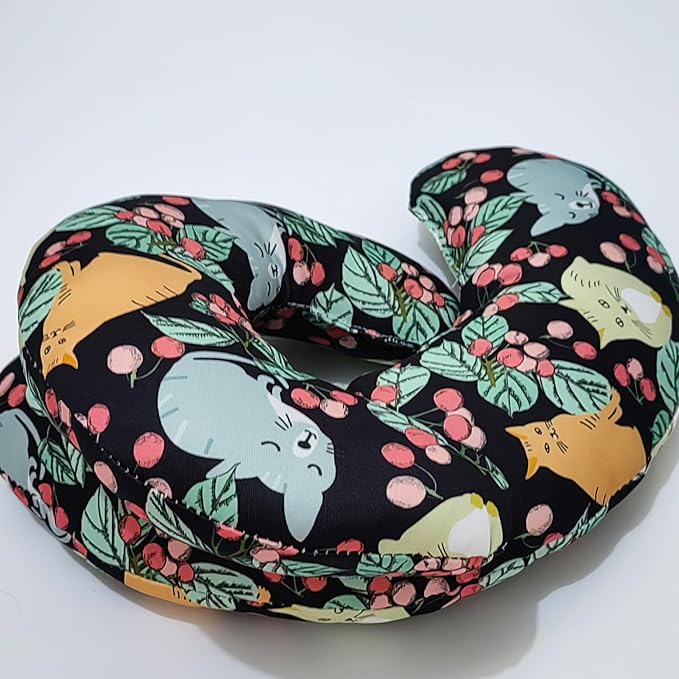 Cute Cooling Dog Bed Pillows, Half Donut U Shaped Pet Neck Pillow,Pet Neck Pillow for Upper Spine and Calming Support (Tropical Cat, Large for Pets Under 30lbs)