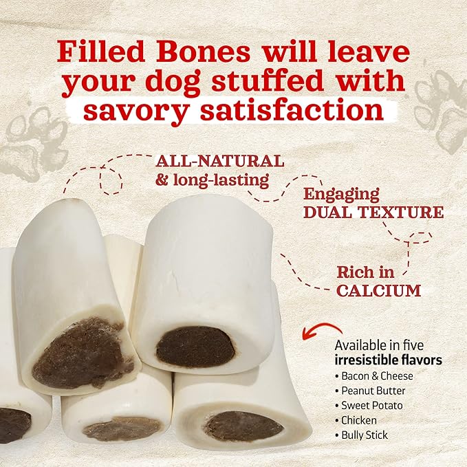 Natural Farm Bacon & Cheese Filled Bones (3-4 Inch, 6 Pack), Limited Ingredient, Natural Stuffed Dental Dog Bone Treats for Dogs, Made with Real Beef