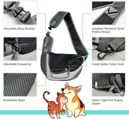 Dog Sling Carrier Pet Puppy Sling Bag Small Dogs Cats Carrier Hand Free Dog Satchel Carrier for Outdoor Travel, Medium, Grey