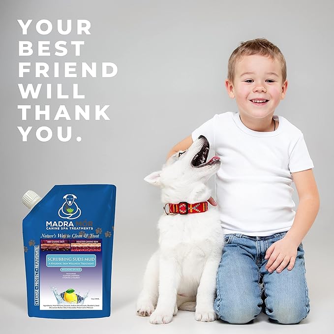 Worldwide Nutrition Bundle: Madra Mor Scrubbing Suds - Dog Essentials Mud Bath, Dog Grooming, Dry Skin for Dogs Treatment, Dog Coat Skin Care Products - 10oz Pouch & Multi-Purpose Key Chain