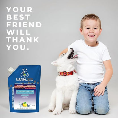 Worldwide Nutrition Bundle: Madra Mor Scrubbing Suds - Dog Essentials Mud Bath, Dog Grooming, Dry Skin for Dogs Treatment, Dog Coat Skin Care Products - 10oz Pouch & Multi-Purpose Key Chain